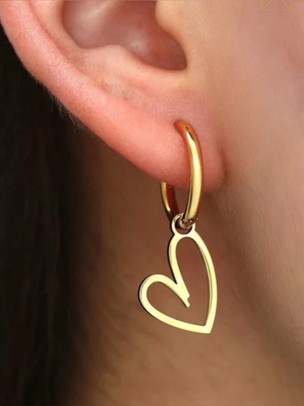 Gold Heart Hoop Drop Earrings - Stainless Steel